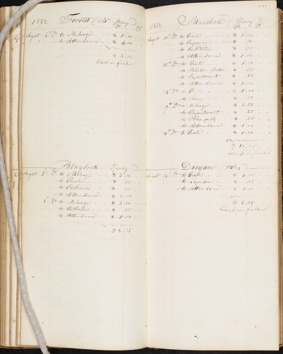 פנקס חשבונות בכתב יד משנת 1852, ובו טורים של סכומים
