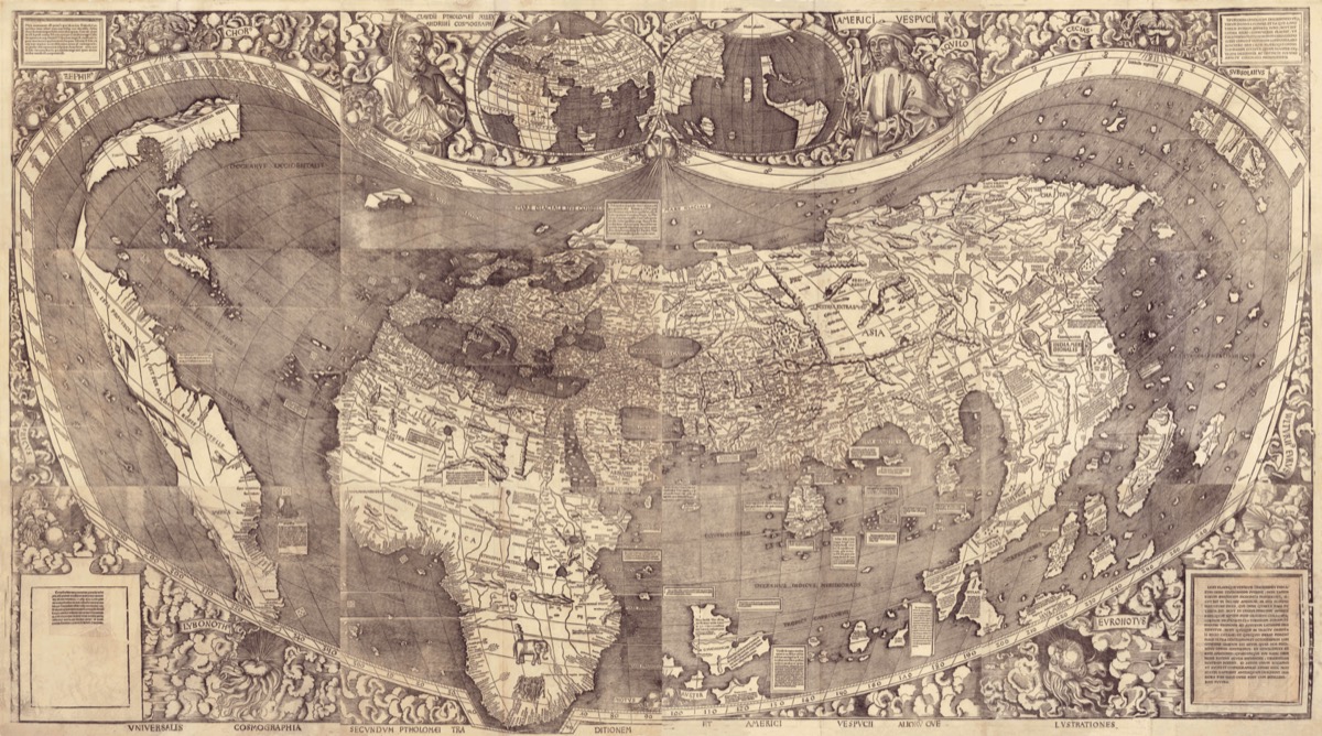 מפת העולם של ולדזמילר מ־1507, ובראשה דיוקן של אמריגו וספוצ׳י